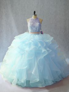 Light Blue Vestidos de Quinceanera Sweet 16 and Quinceanera with Beading and Ruffles Scoop Sleeveless Brush Train Backle