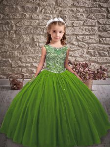 Green Tulle Lace Up Scoop Sleeveless Floor Length Kids Formal Wear Beading