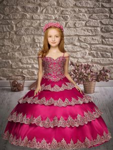 Beauteous Floor Length Hot Pink Kids Pageant Dress Satin Sleeveless Appliques and Ruffled Layers