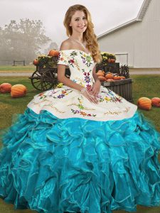 Aqua Blue Organza Lace Up Sweet 16 Quinceanera Dress Sleeveless Floor Length Embroidery and Ruffles