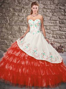 Modern Sweetheart Sleeveless Satin and Organza Sweet 16 Dress Embroidery and Ruffled Layers Lace Up