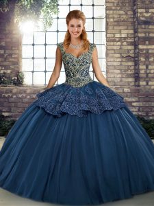 Navy Blue Quinceanera Gowns Military Ball and Sweet 16 and Quinceanera with Beading and Appliques Straps Sleeveless Lace