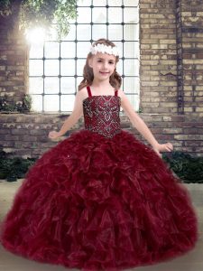 Excellent Burgundy Sleeveless Floor Length Beading and Ruffles Lace Up Custom Made Pageant Dress