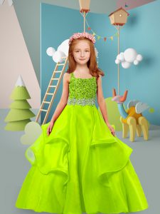 Affordable Yellow Green Sleeveless Beading and Ruffles Floor Length Little Girls Pageant Gowns