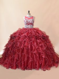 Enchanting Red Two Pieces Beading and Lace and Appliques Quinceanera Gown Zipper Organza Sleeveless