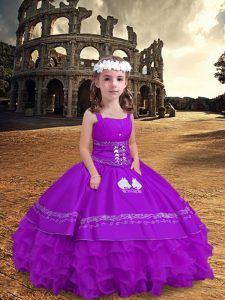 Attractive Purple Zipper Straps Embroidery and Ruffled Layers Pageant Gowns For Girls Satin and Organza Sleeveless