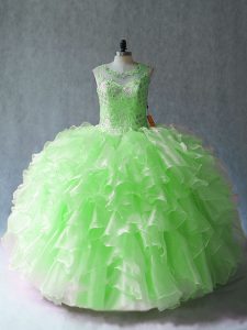Elegant Organza Lace Up Scoop Sleeveless Floor Length Ball Gown Prom Dress Beading and Ruffles