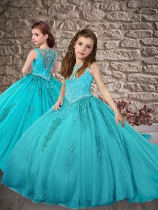 Luxurious Sleeveless Beading and Appliques Zipper Little Girls Pageant Dress Wholesale with Aqua Blue Brush Train