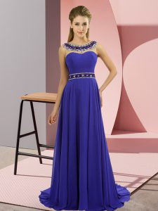 Scoop Sleeveless Prom Dress Brush Train Beading Blue Chiffon