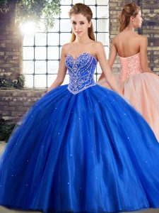 Clearance Sweetheart Sleeveless Quinceanera Gown Brush Train Beading Blue Tulle