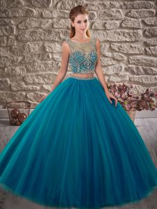 Great Beading Quinceanera Dresses Blue Lace Up Sleeveless Brush Train