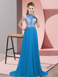 Chiffon Halter Top Sleeveless Brush Train Backless Beading Prom Evening Gown in Blue
