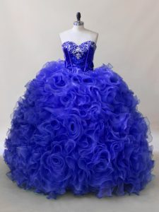 Traditional Royal Blue Ball Gowns Sweetheart Sleeveless Fabric With Rolling Flowers Floor Length Lace Up Ruffles and Seq