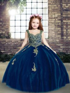 Blue Ball Gowns Straps Sleeveless Tulle Floor Length Lace Up Appliques Little Girls Pageant Dress