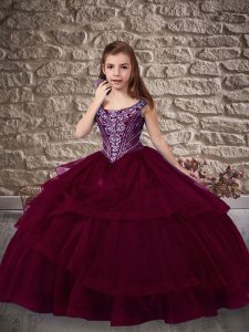 Great Burgundy Ball Gowns Organza Straps Sleeveless Beading and Ruffled Layers Lace Up Little Girls Pageant Dress Sweep 