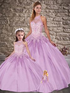 Sleeveless Embroidery Lace Up Quince Ball Gowns with Lilac Brush Train
