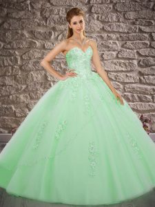 Modern Sweetheart Sleeveless Quinceanera Gowns Brush Train Appliques Apple Green Tulle