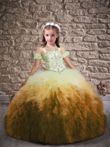 Fantastic Tulle Straps Sleeveless Sweep Train Lace Up Beading and Ruffles Pageant Gowns For Girls in Multi-color