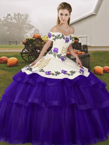 Purple Tulle Lace Up Sweet 16 Quinceanera Dress Sleeveless Brush Train Embroidery and Ruffled Layers