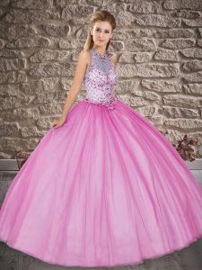 Rose Pink Ball Gowns Scoop Sleeveless Tulle Floor Length Lace Up Beading Sweet 16 Dress