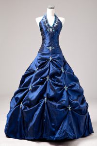 Wonderful Ball Gowns Quinceanera Gowns Royal Blue Halter Top Taffeta Sleeveless Floor Length Lace Up