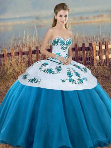 Blue And White Sweetheart Lace Up Embroidery and Bowknot Quinceanera Dress Sleeveless