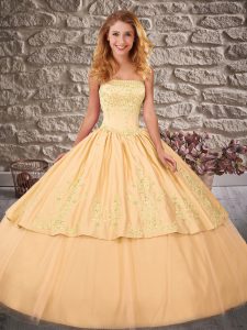 Gold Satin and Tulle Lace Up Strapless Sleeveless Sweet 16 Dress Brush Train Embroidery