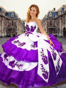 Sleeveless Floor Length Embroidery and Ruffled Layers and Bowknot Lace Up 15th Birthday Dress with White And Purple