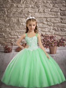 Cute Straps Sleeveless Tulle Pageant Dress Toddler Appliques Sweep Train Lace Up