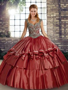 Suitable Rust Red Sleeveless Beading and Ruffled Layers Floor Length Sweet 16 Quinceanera Dress