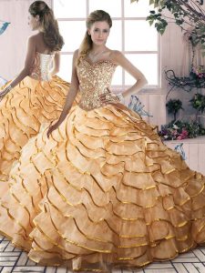 Beading and Ruffled Layers Vestidos de Quinceanera Gold Lace Up Sleeveless Brush Train