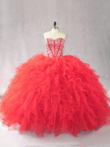 Super Red Sweet 16 Dress Sweet 16 and Quinceanera with Beading and Ruffles Sweetheart Sleeveless Lace Up