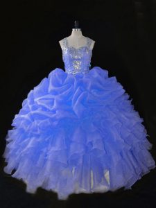 Super Blue Ball Gowns Beading and Ruffles Quinceanera Gowns Zipper Organza Sleeveless Floor Length