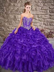 Cute Organza Sleeveless Quinceanera Gown Brush Train and Beading and Ruffles