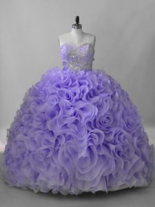 Fabulous Lavender Lace Up Sweetheart Beading Quinceanera Dresses Fabric With Rolling Flowers Sleeveless Brush Train