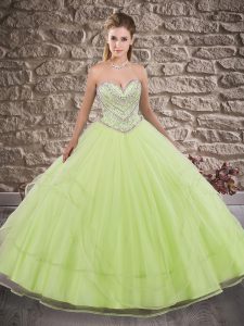 Unique Yellow Green 15 Quinceanera Dress Tulle Brush Train Sleeveless Beading and Ruffles