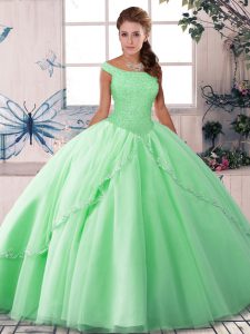 Traditional Sleeveless Brush Train Beading Lace Up Quinceanera Dresses