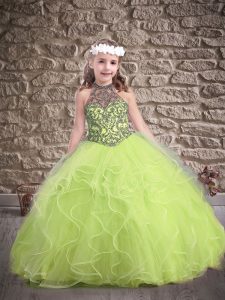 Yellow Green Tulle Lace Up Halter Top Sleeveless Floor Length Little Girls Pageant Dress Wholesale Beading and Ruffles