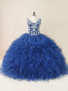 Luxurious Sleeveless Tulle Floor Length Backless Quinceanera Gowns in Navy Blue with Embroidery and Ruffles
