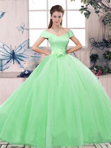 Apple Green Short Sleeves Floor Length Lace and Hand Made Flower Lace Up Quinceanera Gowns