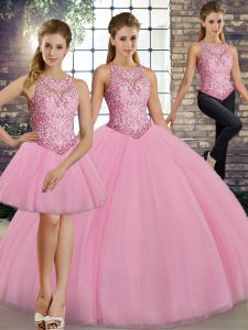 Pretty Pink Sleeveless Tulle Lace Up Quinceanera Gown for Military Ball and Sweet 16 and Quinceanera
