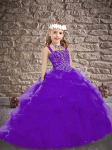 Stunning Purple Straps Lace Up Beading and Pick Ups Kids Formal Wear Brush Train Sleeveless