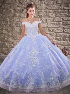 Sleeveless Beading and Appliques Lace Up Sweet 16 Quinceanera Dress with Lavender Brush Train