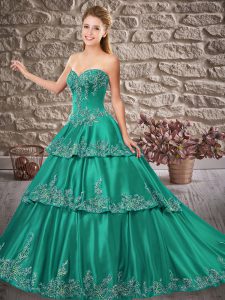 Free and Easy Ball Gowns Sleeveless Turquoise Quinceanera Dress Brush Train Lace Up