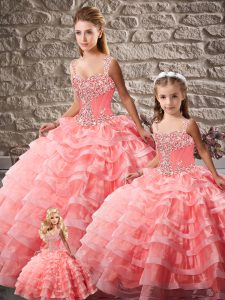 Hot Selling Sleeveless Court Train Beading and Ruffled Layers Lace Up Quinceanera Gowns