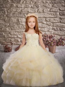 On Sale Tulle Straps Sleeveless Brush Train Lace Up Beading and Appliques and Ruffles Pageant Dresses in Light Yellow
