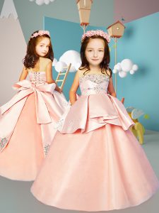 Pink Ball Gowns Scoop Sleeveless Tulle Floor Length Lace Up Beading Little Girl Pageant Dress