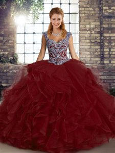 Floor Length Lace Up Sweet 16 Dress Wine Red for Military Ball and Sweet 16 and Quinceanera with Beading and Ruffles