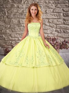 Edgy Yellow Strapless Lace Up Embroidery 15th Birthday Dress Brush Train Sleeveless