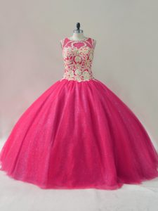 Floor Length Lace Up Vestidos de Quinceanera Hot Pink for Sweet 16 and Quinceanera with Appliques